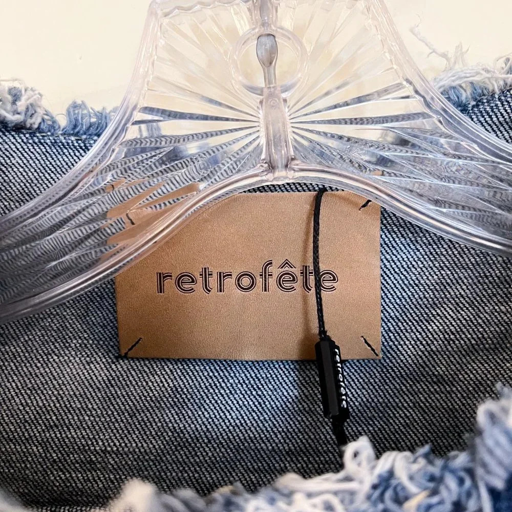 Retrofete Jaime Denim Button Down Quarter Sleeve Tie Waist Distressed Mini Dress - Picture 6 of 12